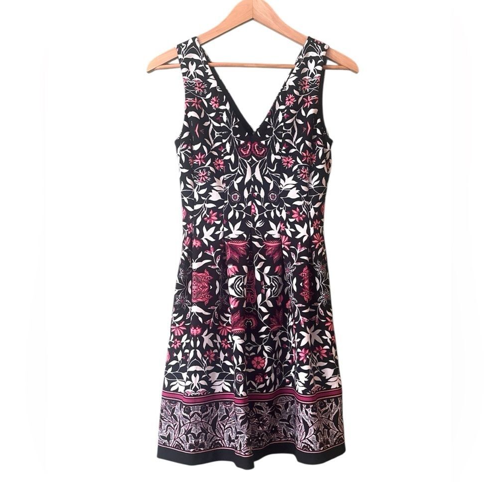Vince Camuto Black Pink White Floral V Neck Knee Length Dress Sz 4 Wedding